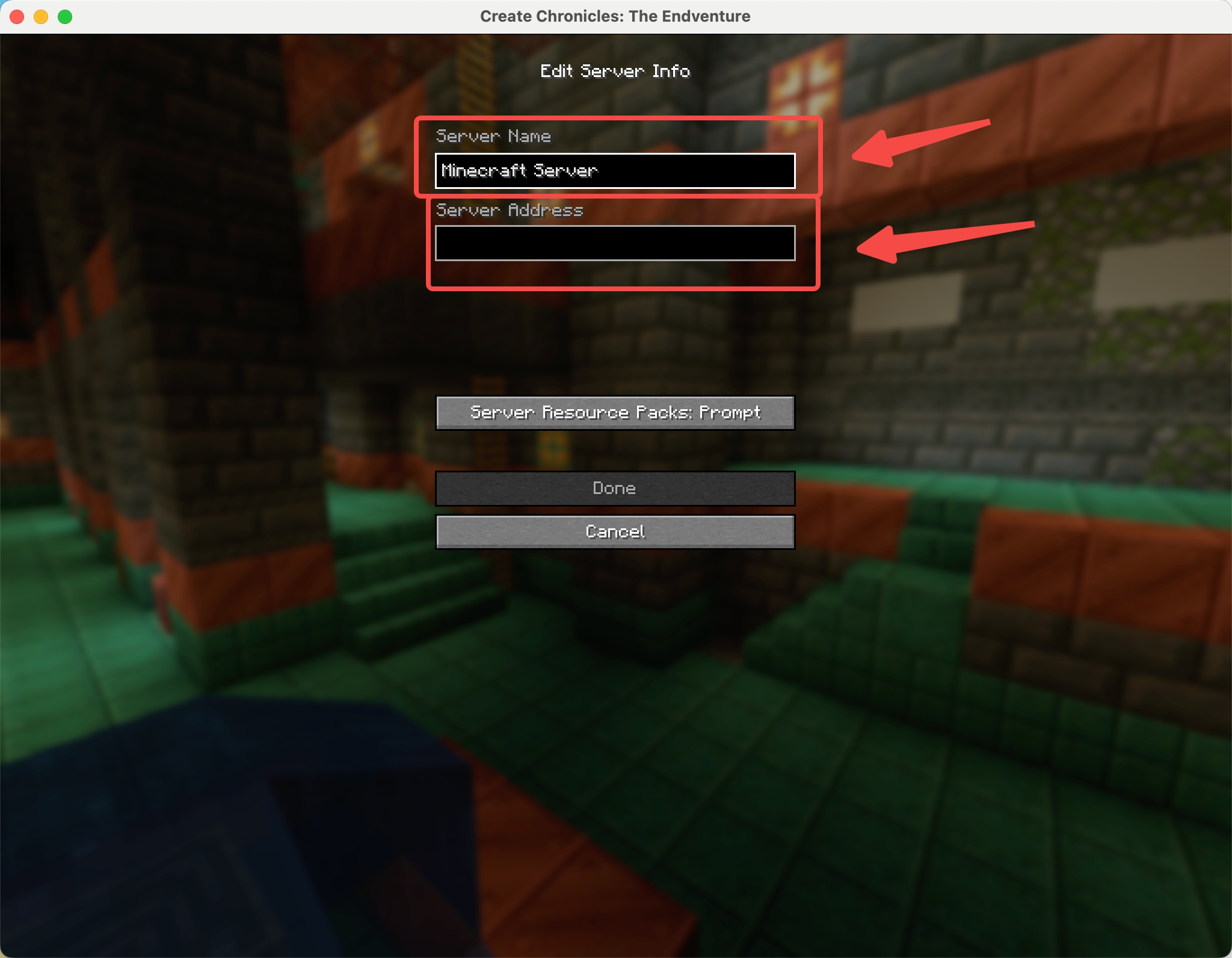 Fill in server details